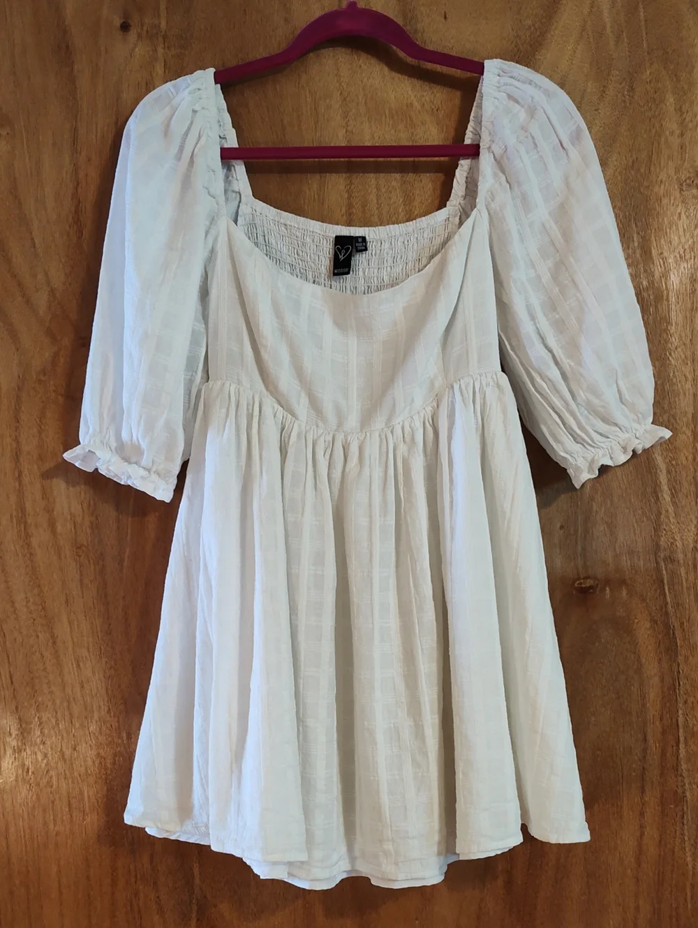 Windsor Puff Sleeve Babydoll Dress White Cotton Smocked Back Lined Size M